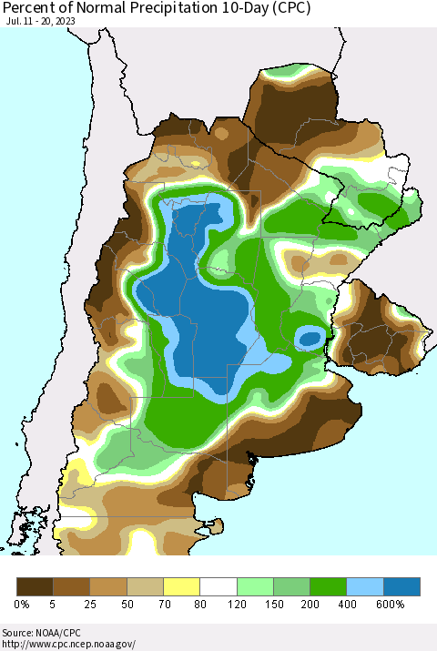 Southern South America Percent of Normal Precipitation 10-Day (CPC) Thematic Map For 7/11/2023 - 7/20/2023