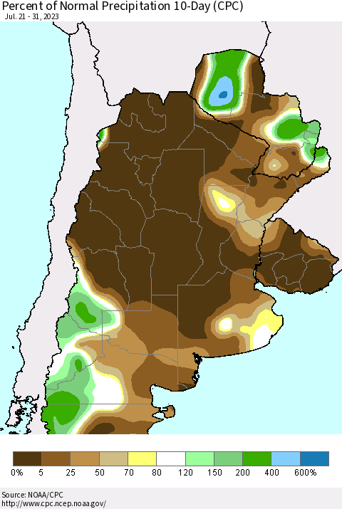 Southern South America Percent of Normal Precipitation 10-Day (CPC) Thematic Map For 7/21/2023 - 7/31/2023