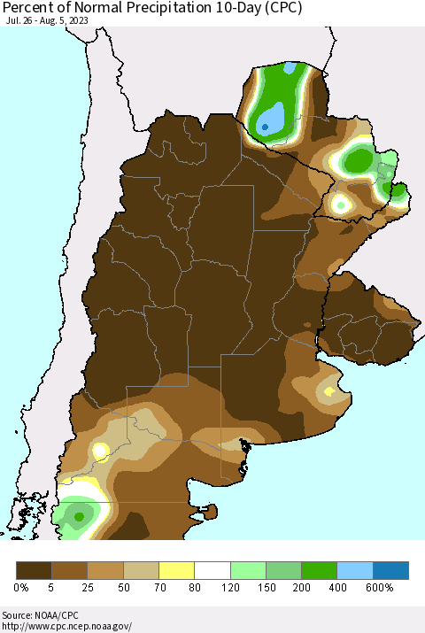 Southern South America Percent of Normal Precipitation 10-Day (CPC) Thematic Map For 7/26/2023 - 8/5/2023