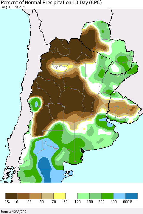 Southern South America Percent of Normal Precipitation 10-Day (CPC) Thematic Map For 8/11/2023 - 8/20/2023