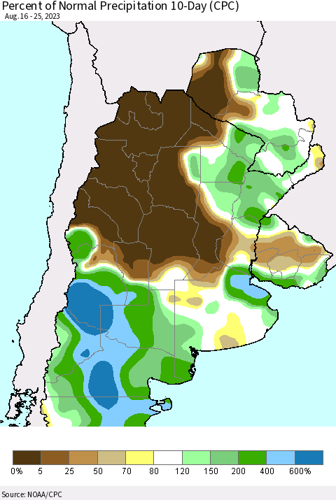Southern South America Percent of Normal Precipitation 10-Day (CPC) Thematic Map For 8/16/2023 - 8/25/2023