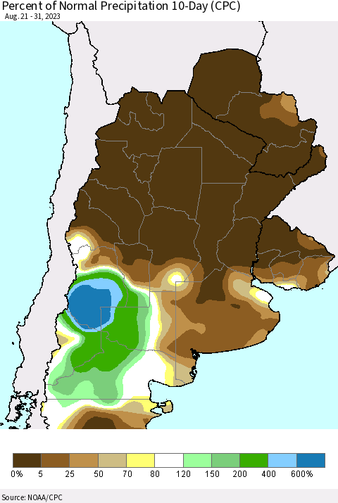 Southern South America Percent of Normal Precipitation 10-Day (CPC) Thematic Map For 8/21/2023 - 8/31/2023