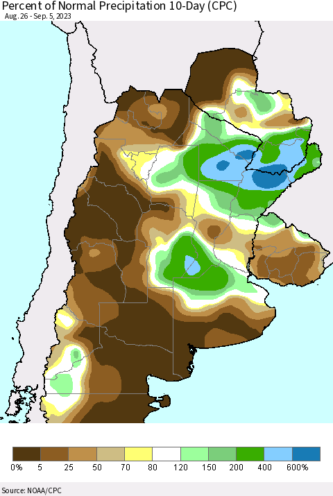 Southern South America Percent of Normal Precipitation 10-Day (CPC) Thematic Map For 8/26/2023 - 9/5/2023