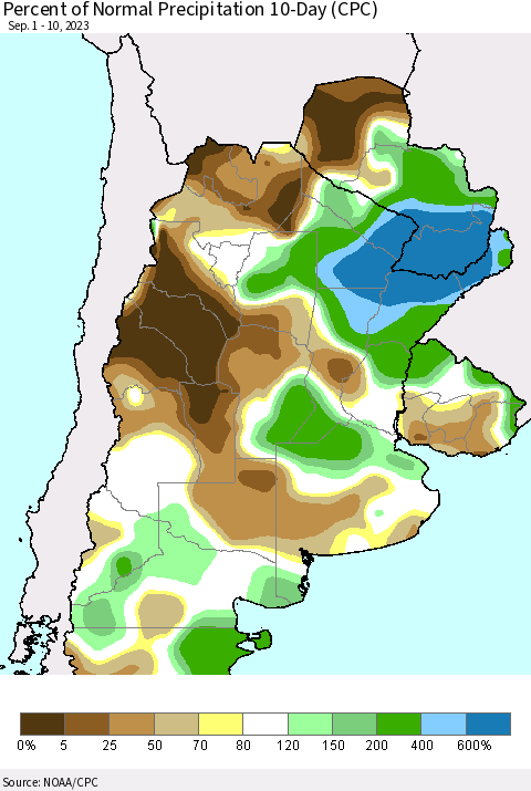 Southern South America Percent of Normal Precipitation 10-Day (CPC) Thematic Map For 9/1/2023 - 9/10/2023