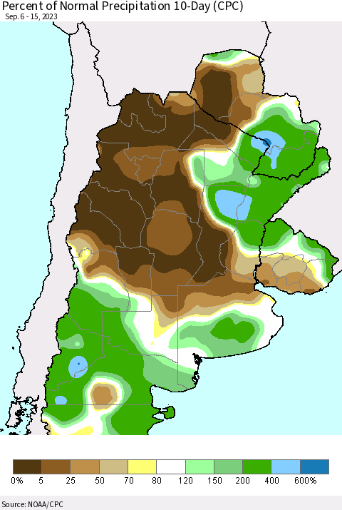 Southern South America Percent of Normal Precipitation 10-Day (CPC) Thematic Map For 9/6/2023 - 9/15/2023
