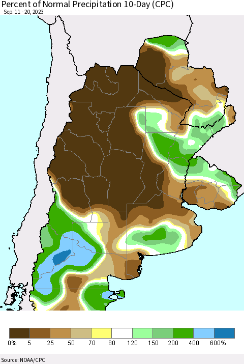 Southern South America Percent of Normal Precipitation 10-Day (CPC) Thematic Map For 9/11/2023 - 9/20/2023