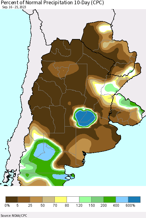 Southern South America Percent of Normal Precipitation 10-Day (CPC) Thematic Map For 9/16/2023 - 9/25/2023
