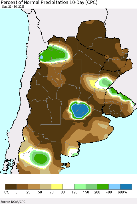 Southern South America Percent of Normal Precipitation 10-Day (CPC) Thematic Map For 9/21/2023 - 9/30/2023