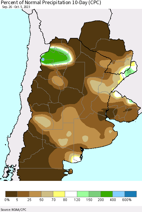 Southern South America Percent of Normal Precipitation 10-Day (CPC) Thematic Map For 9/26/2023 - 10/5/2023
