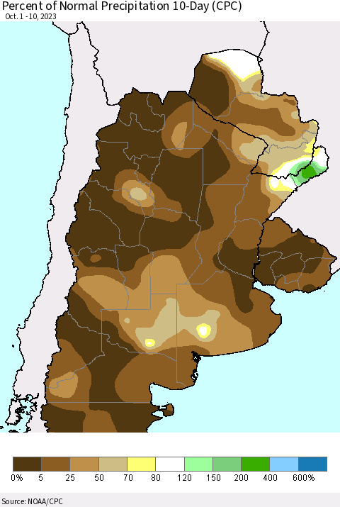 Southern South America Percent of Normal Precipitation 10-Day (CPC) Thematic Map For 10/1/2023 - 10/10/2023