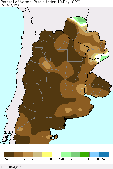 Southern South America Percent of Normal Precipitation 10-Day (CPC) Thematic Map For 10/6/2023 - 10/15/2023