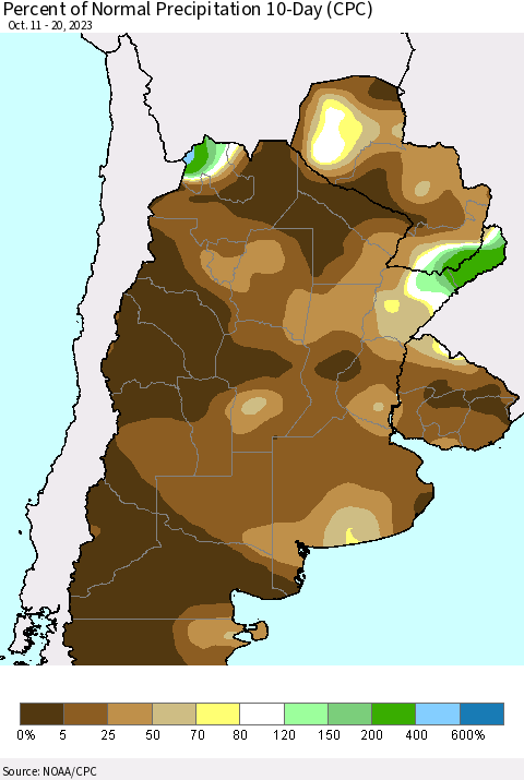 Southern South America Percent of Normal Precipitation 10-Day (CPC) Thematic Map For 10/11/2023 - 10/20/2023