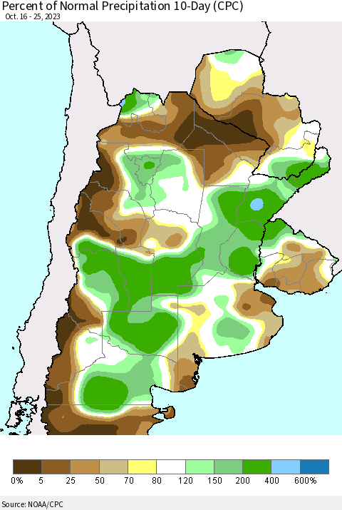 Southern South America Percent of Normal Precipitation 10-Day (CPC) Thematic Map For 10/16/2023 - 10/25/2023