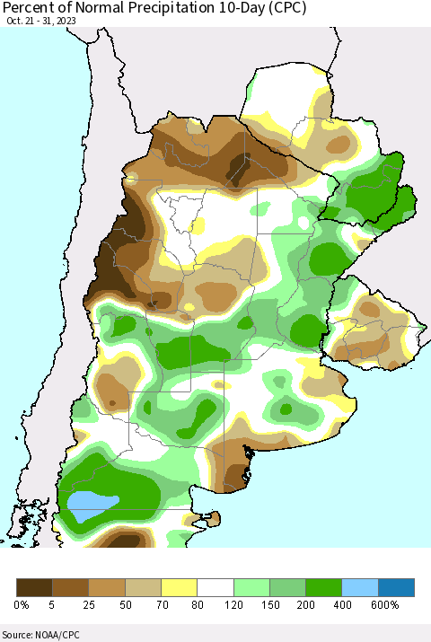 Southern South America Percent of Normal Precipitation 10-Day (CPC) Thematic Map For 10/21/2023 - 10/31/2023