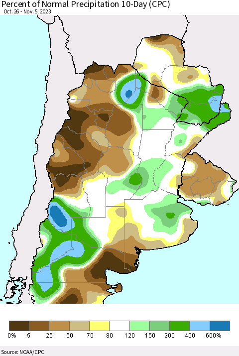 Southern South America Percent of Normal Precipitation 10-Day (CPC) Thematic Map For 10/26/2023 - 11/5/2023