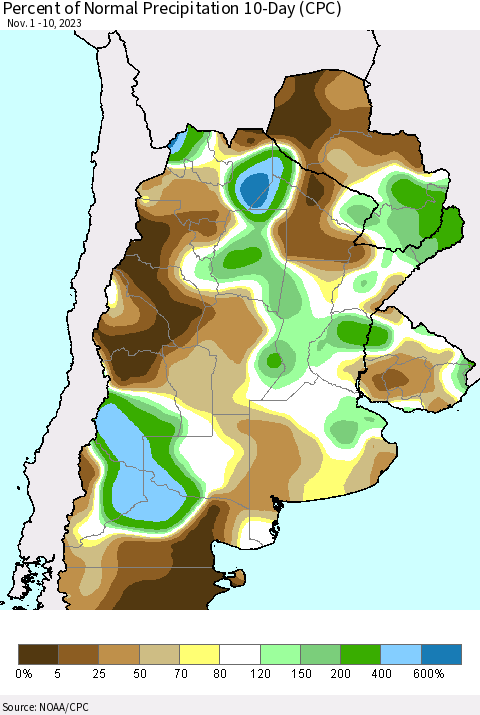 Southern South America Percent of Normal Precipitation 10-Day (CPC) Thematic Map For 11/1/2023 - 11/10/2023