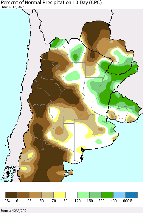 Southern South America Percent of Normal Precipitation 10-Day (CPC) Thematic Map For 11/6/2023 - 11/15/2023