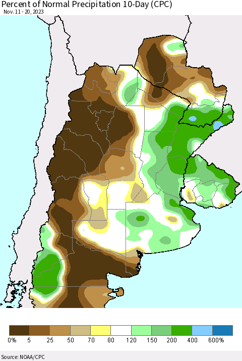 Southern South America Percent of Normal Precipitation 10-Day (CPC) Thematic Map For 11/11/2023 - 11/20/2023