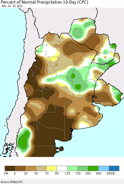 Southern South America Percent of Normal Precipitation 10-Day (CPC) Thematic Map For 11/16/2023 - 11/25/2023