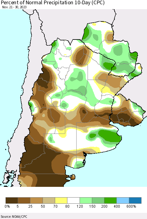 Southern South America Percent of Normal Precipitation 10-Day (CPC) Thematic Map For 11/21/2023 - 11/30/2023