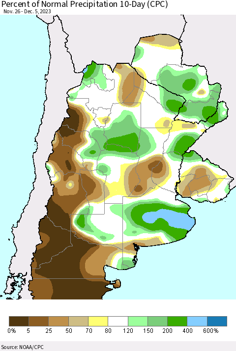 Southern South America Percent of Normal Precipitation 10-Day (CPC) Thematic Map For 11/26/2023 - 12/5/2023
