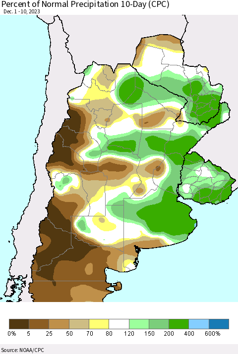 Southern South America Percent of Normal Precipitation 10-Day (CPC) Thematic Map For 12/1/2023 - 12/10/2023