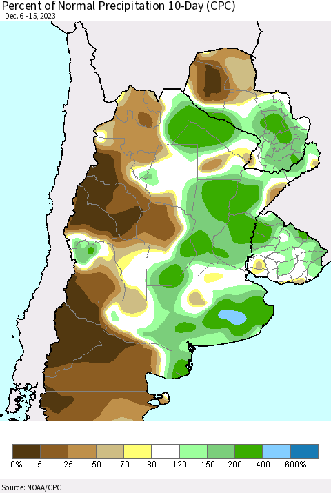 Southern South America Percent of Normal Precipitation 10-Day (CPC) Thematic Map For 12/6/2023 - 12/15/2023
