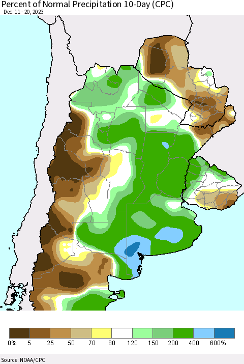 Southern South America Percent of Normal Precipitation 10-Day (CPC) Thematic Map For 12/11/2023 - 12/20/2023