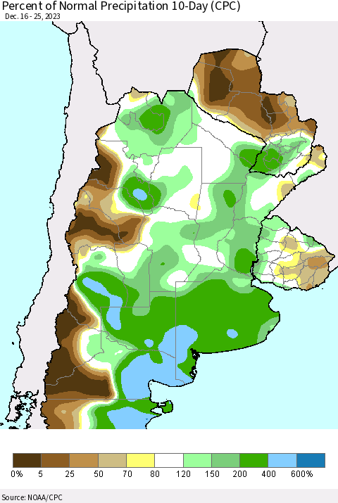 Southern South America Percent of Normal Precipitation 10-Day (CPC) Thematic Map For 12/16/2023 - 12/25/2023