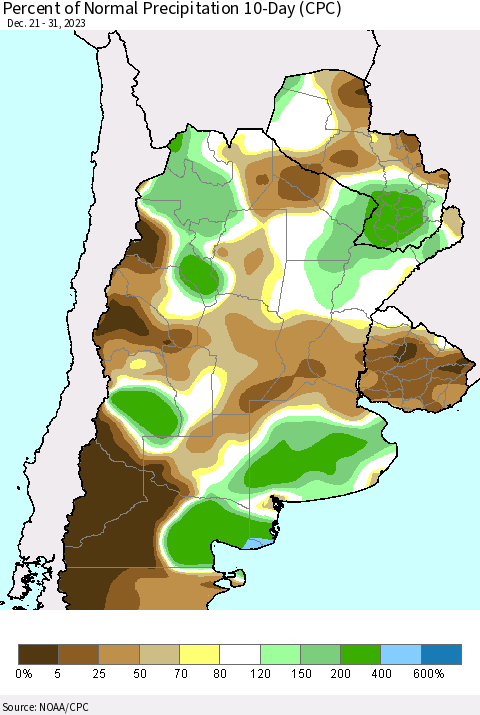 Southern South America Percent of Normal Precipitation 10-Day (CPC) Thematic Map For 12/21/2023 - 12/31/2023