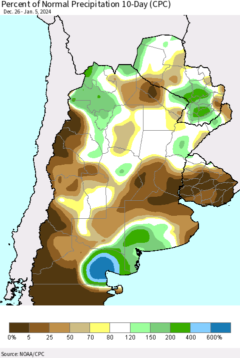 Southern South America Percent of Normal Precipitation 10-Day (CPC) Thematic Map For 12/26/2023 - 1/5/2024