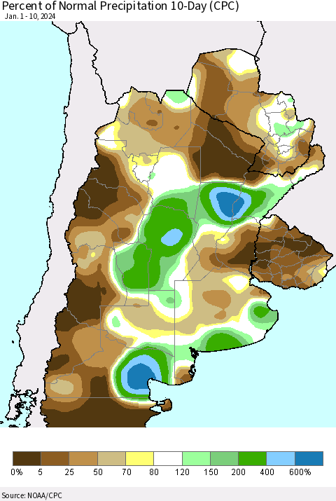 Southern South America Percent of Normal Precipitation 10-Day (CPC) Thematic Map For 1/1/2024 - 1/10/2024