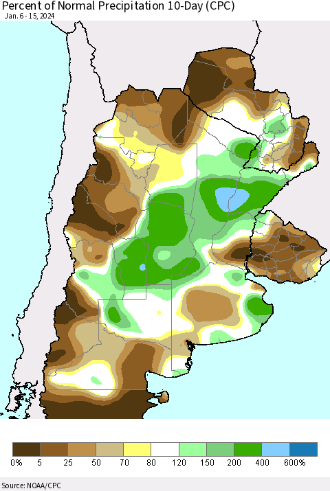 Southern South America Percent of Normal Precipitation 10-Day (CPC) Thematic Map For 1/6/2024 - 1/15/2024