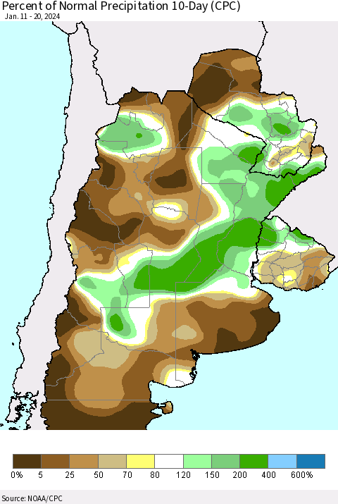 Southern South America Percent of Normal Precipitation 10-Day (CPC) Thematic Map For 1/11/2024 - 1/20/2024