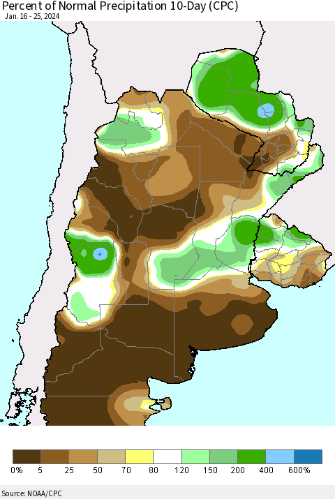 Southern South America Percent of Normal Precipitation 10-Day (CPC) Thematic Map For 1/16/2024 - 1/25/2024