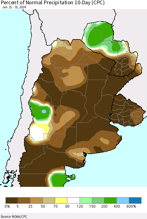 Southern South America Percent of Normal Precipitation 10-Day (CPC) Thematic Map For 1/21/2024 - 1/31/2024