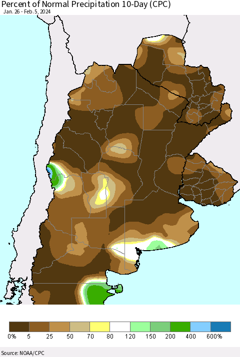 Southern South America Percent of Normal Precipitation 10-Day (CPC) Thematic Map For 1/26/2024 - 2/5/2024