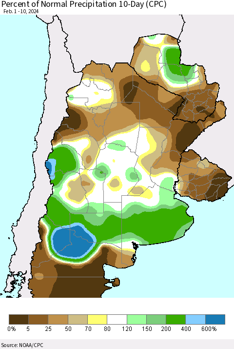 Southern South America Percent of Normal Precipitation 10-Day (CPC) Thematic Map For 2/1/2024 - 2/10/2024
