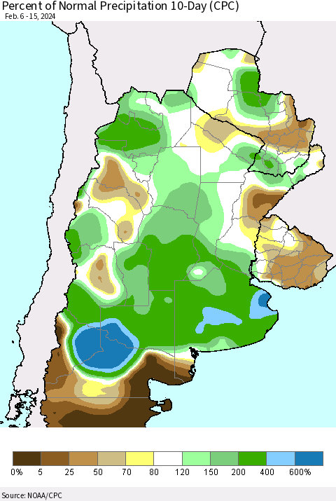 Southern South America Percent of Normal Precipitation 10-Day (CPC) Thematic Map For 2/6/2024 - 2/15/2024