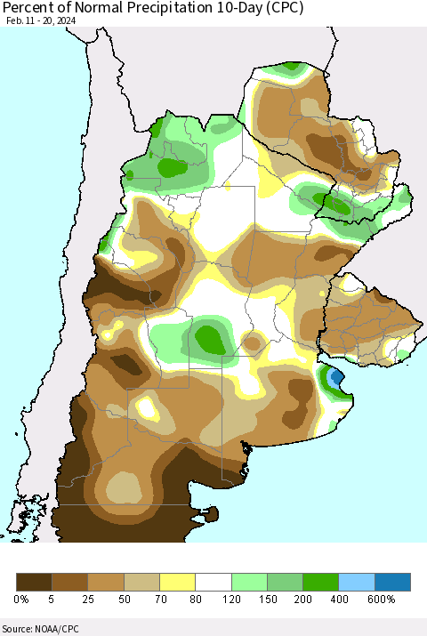 Southern South America Percent of Normal Precipitation 10-Day (CPC) Thematic Map For 2/11/2024 - 2/20/2024