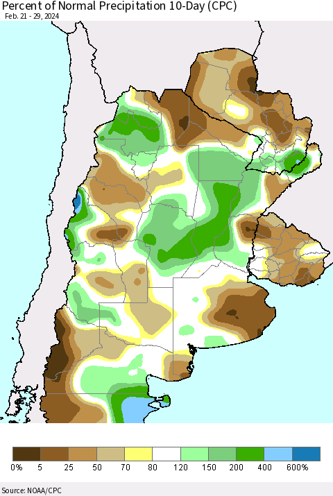 Southern South America Percent of Normal Precipitation 10-Day (CPC) Thematic Map For 2/21/2024 - 2/29/2024
