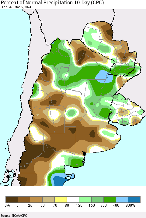 Southern South America Percent of Normal Precipitation 10-Day (CPC) Thematic Map For 2/26/2024 - 3/5/2024