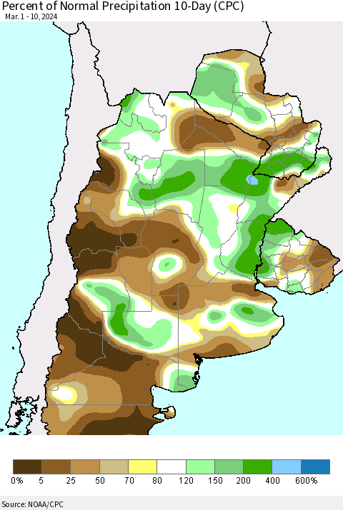 Southern South America Percent of Normal Precipitation 10-Day (CPC) Thematic Map For 3/1/2024 - 3/10/2024