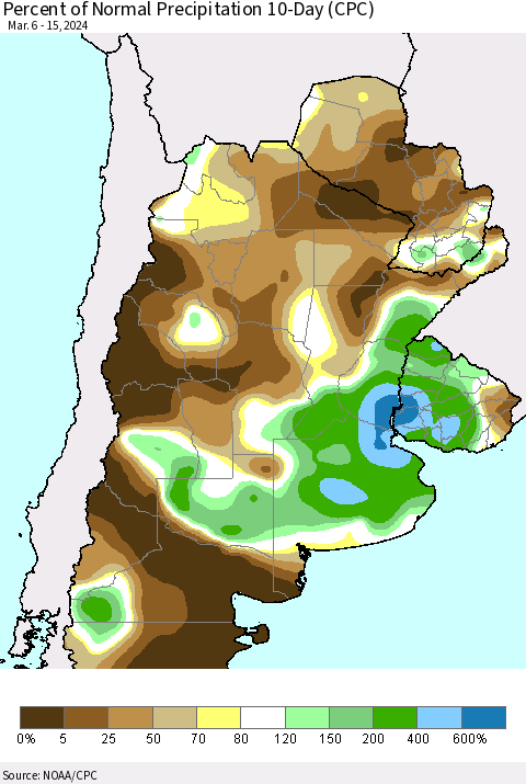 Southern South America Percent of Normal Precipitation 10-Day (CPC) Thematic Map For 3/6/2024 - 3/15/2024