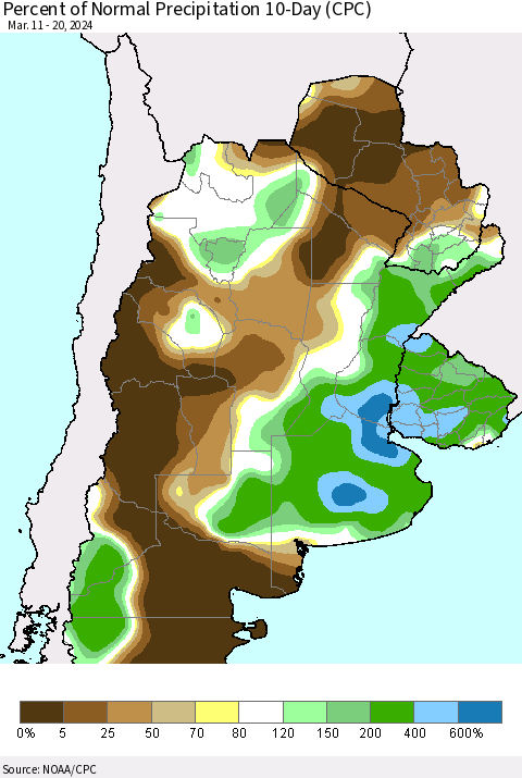 Southern South America Percent of Normal Precipitation 10-Day (CPC) Thematic Map For 3/11/2024 - 3/20/2024