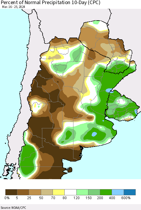 Southern South America Percent of Normal Precipitation 10-Day (CPC) Thematic Map For 3/16/2024 - 3/25/2024