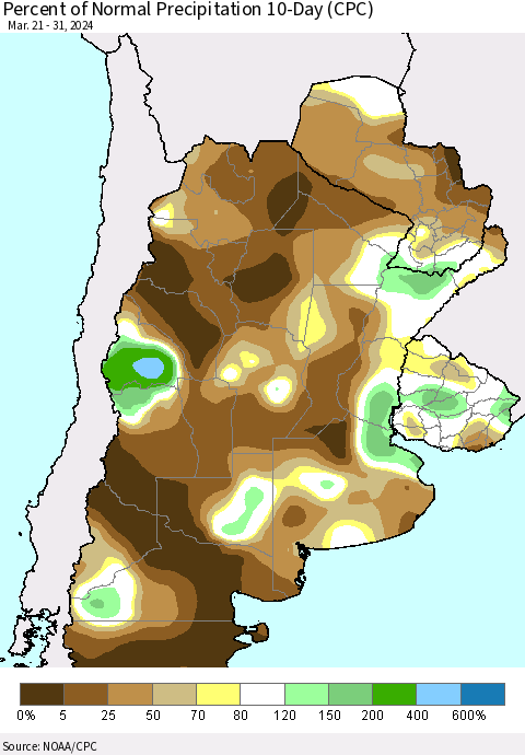 Southern South America Percent of Normal Precipitation 10-Day (CPC) Thematic Map For 3/21/2024 - 3/31/2024