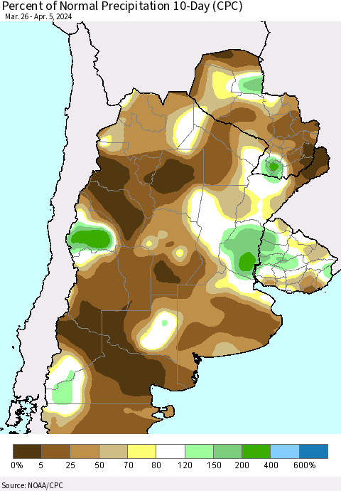 Southern South America Percent of Normal Precipitation 10-Day (CPC) Thematic Map For 3/26/2024 - 4/5/2024