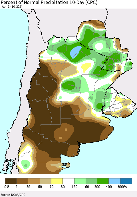 Southern South America Percent of Normal Precipitation 10-Day (CPC) Thematic Map For 4/1/2024 - 4/10/2024