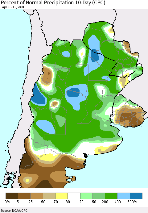 Southern South America Percent of Normal Precipitation 10-Day (CPC) Thematic Map For 4/6/2024 - 4/15/2024